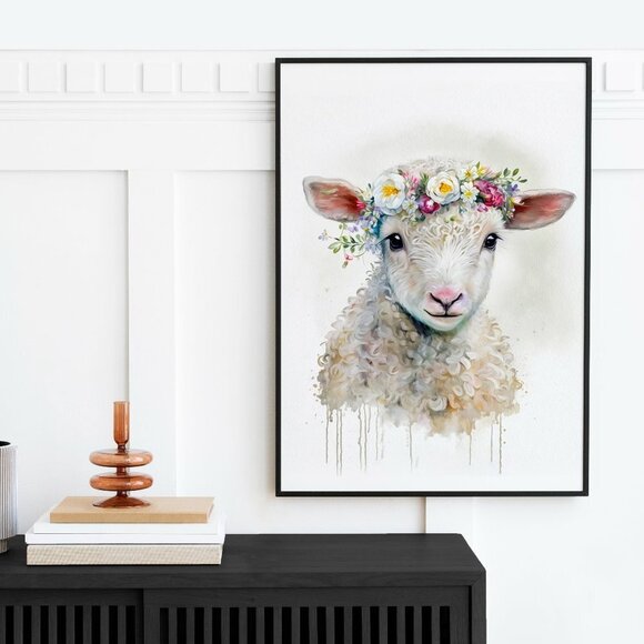 NobleCaptures Other - 20x30 Baby Lamb Wearing Floral Crown Portrait Watercolor Oil Painting Poster‎